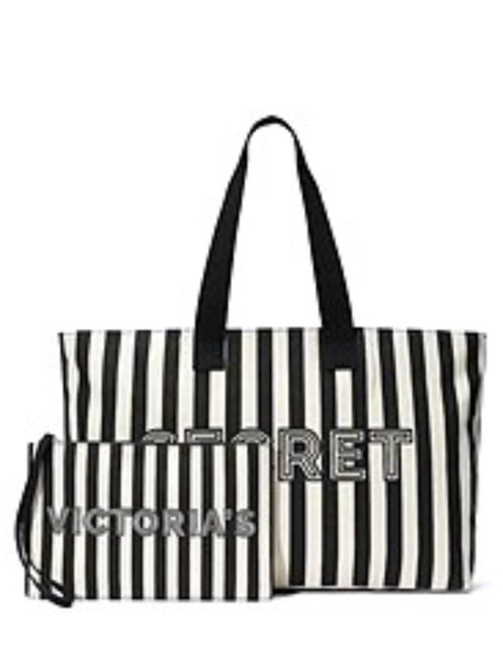 Nwt Victoria's Secret Logo Canvas Tote Bag & Wristlet Black White Stripe